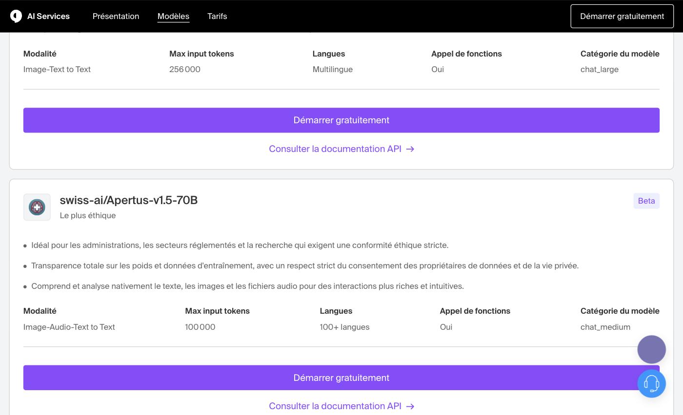 Fiche du modèle swiss-ai/Apertus-v1.5-70B dans le catalogue Infomaniak AI Services