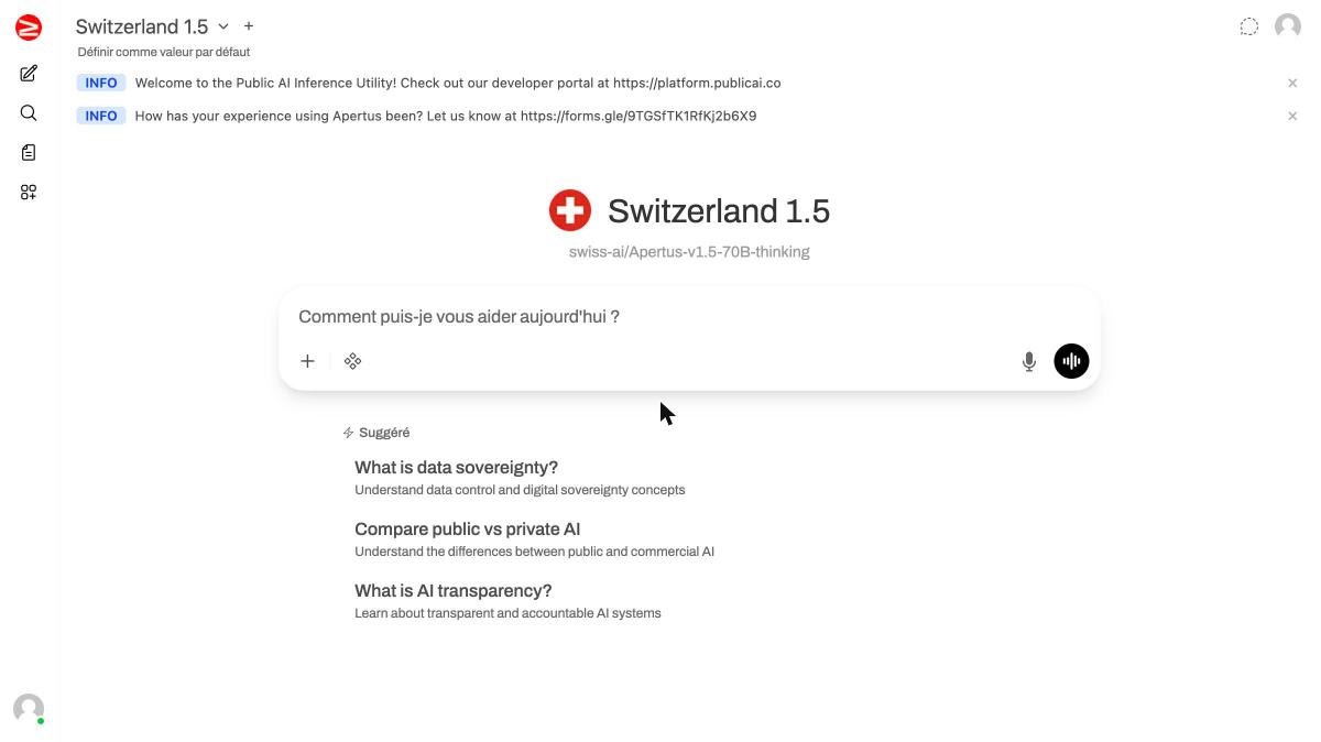 Interface Public AI avec le modèle Switzerland 1.5 (Apertus v1.5-70B-thinking)