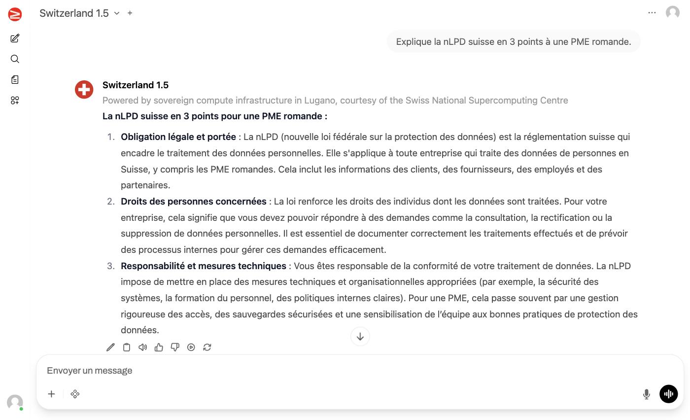 Réponse d'Apertus sur la nLPD suisse pour une PME romande, générée sur Public AI